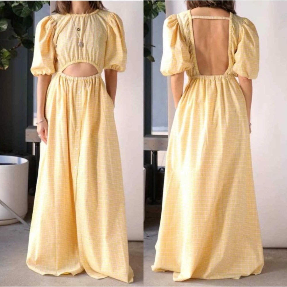 Jonathan Simkhai Yellow Plaid Puff Sleeve Cutout Maxi Dress XS